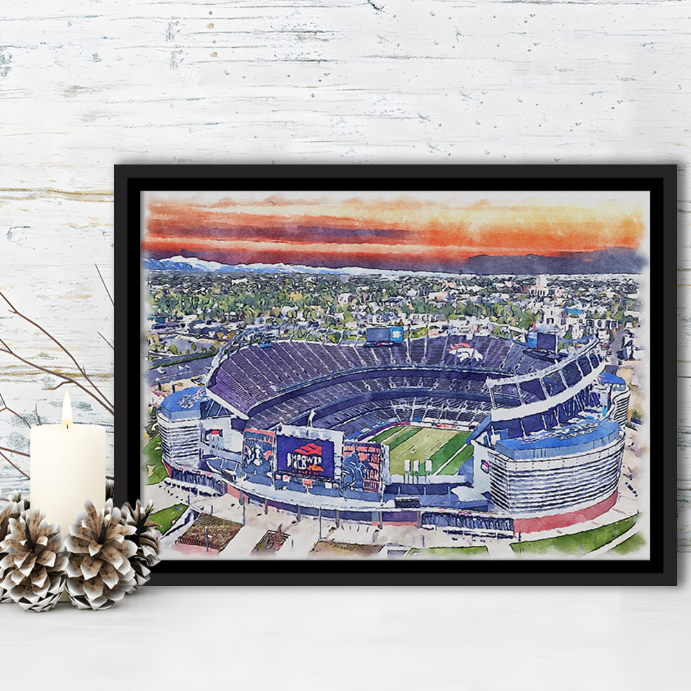Empower Field, Broncos Painting Stadium Watercolor, Sport Gift Art, Framed Canvas Print Wall Art