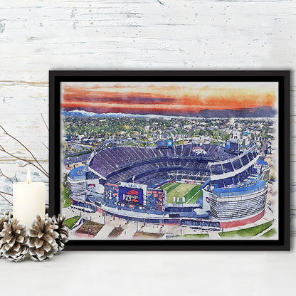 Empower Field, Broncos Painting Stadium Watercolor, Sport Gift Art, Framed Canvas Print Wall Art