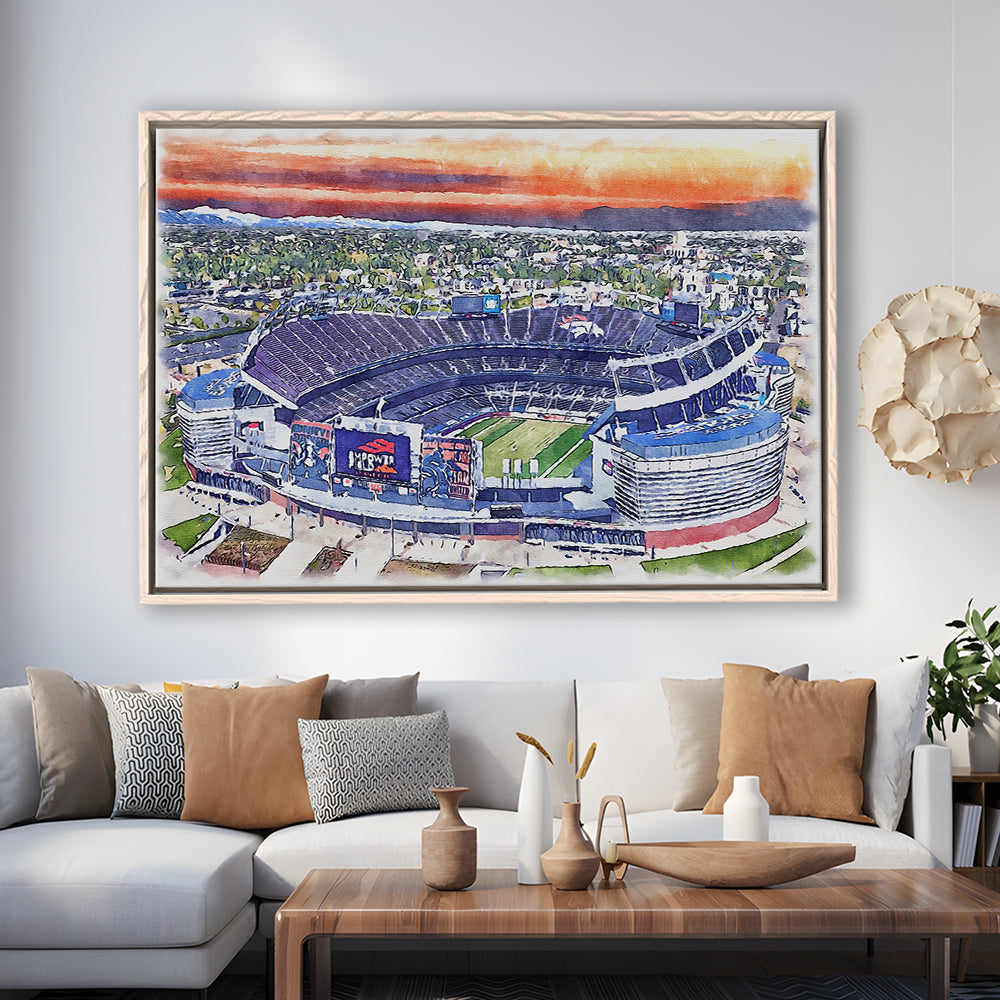 Empower Field, Broncos Painting Stadium Watercolor, Sport Gift Art, Framed Canvas Print Wall Art