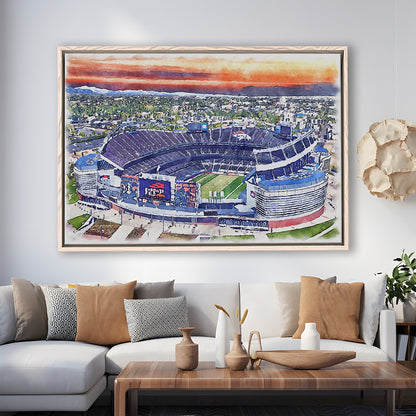 Empower Field, Broncos Painting Stadium Watercolor, Sport Gift Art, Framed Canvas Print Wall Art