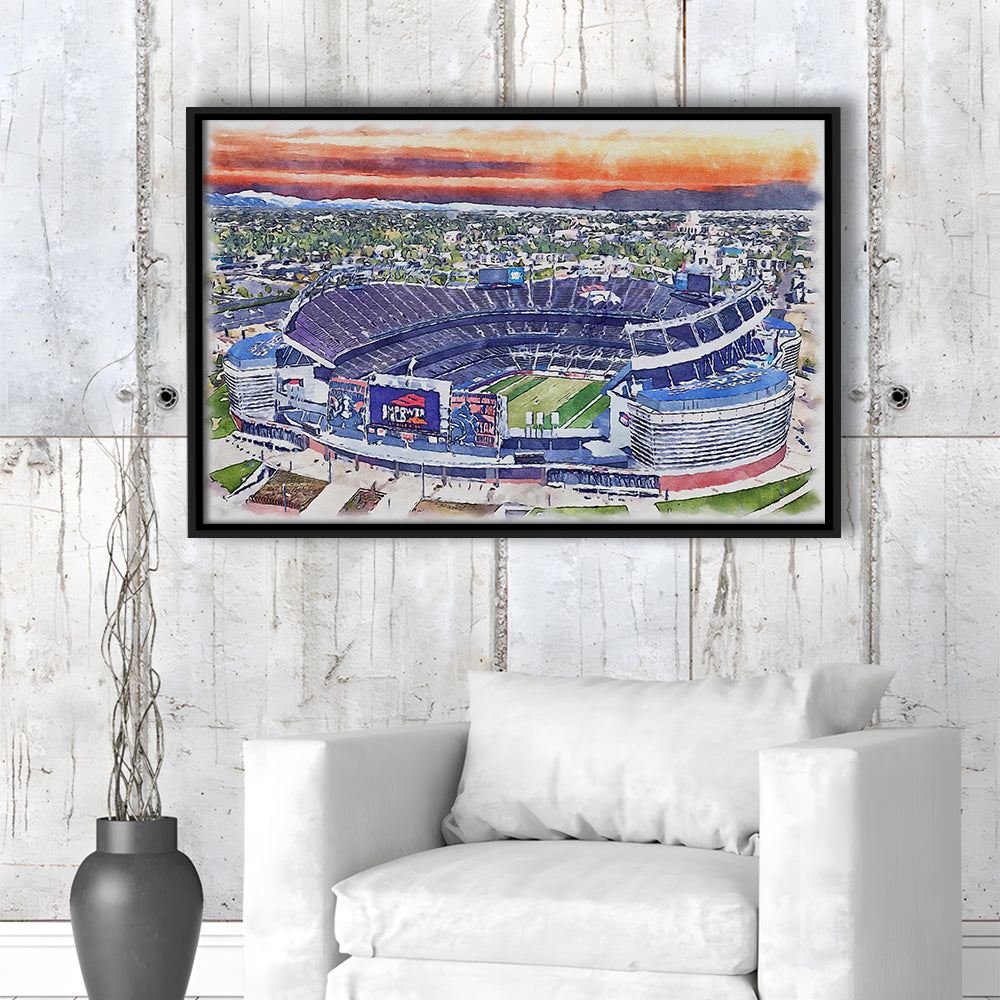 Empower Field, Broncos Painting Stadium Watercolor, Sport Gift Art, Framed Canvas Print Wall Art