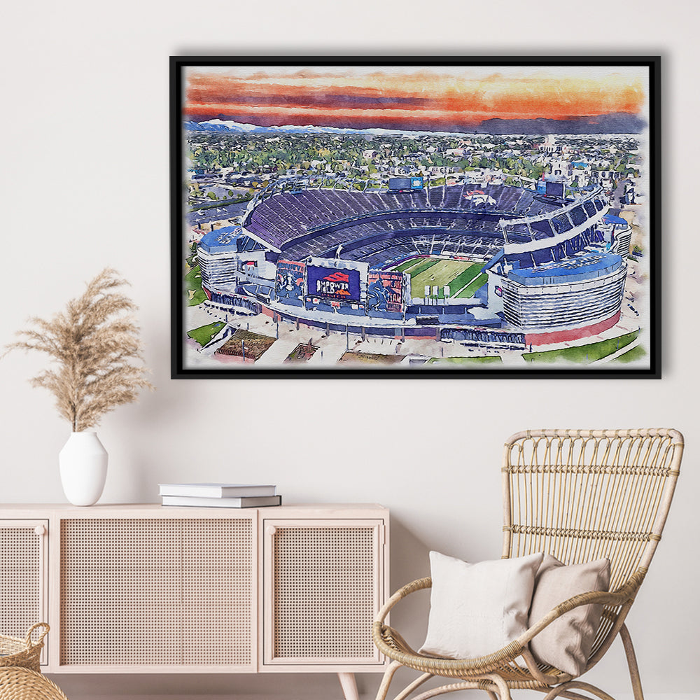 Empower Field, Broncos Painting Stadium Watercolor, Sport Gift Art, Framed Canvas Print Wall Art