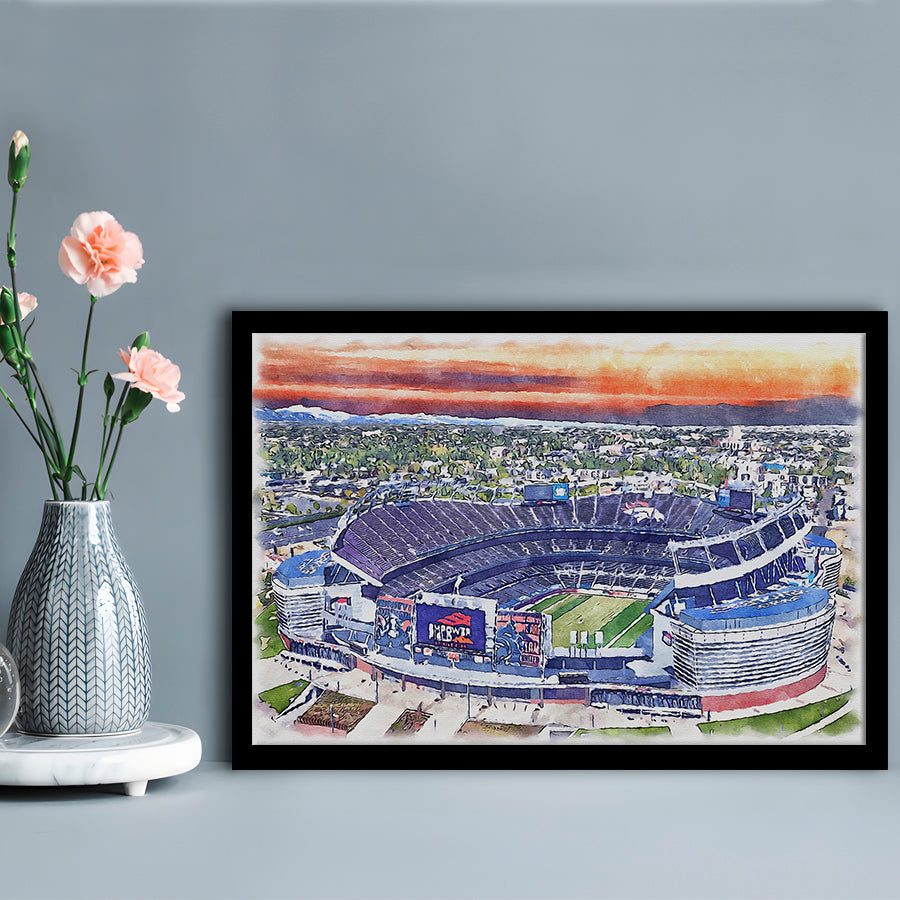 Empower Field, Broncos Painting Stadium Watercolor, Sport Gift Art, Framed Art Print Wall Decor