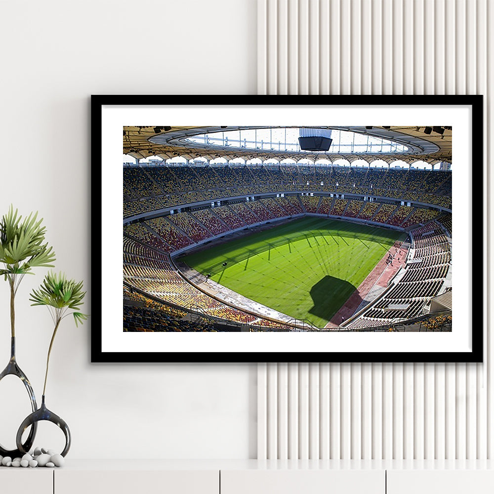 Empty Bucharest Stadium, Stadium Canvas, Sport Art, Gift for him, White Border Framed Art Print Wall Decor