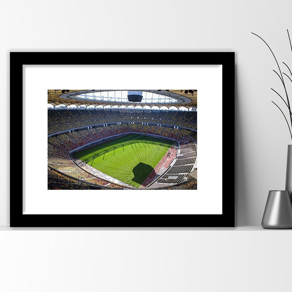 Empty Bucharest Stadium, Stadium Canvas, Sport Art, Gift for him, White Border Framed Art Print Wall Decor