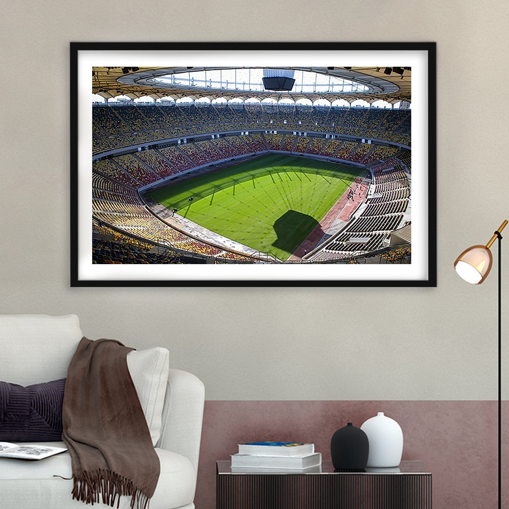 Empty Bucharest Stadium, Stadium Canvas, Sport Art, Gift for him, White Border Framed Art Print Wall Decor