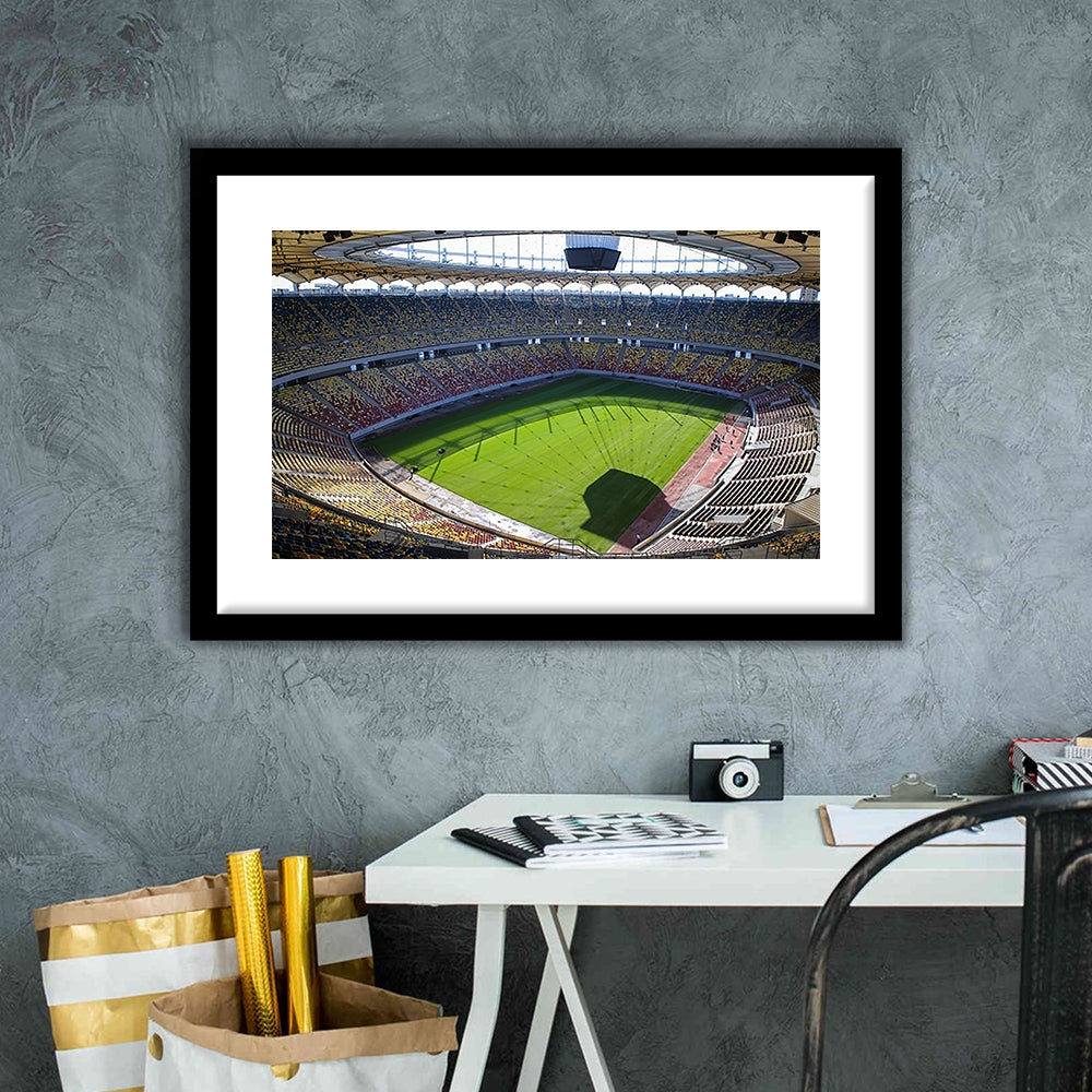 Empty Bucharest Stadium, Stadium Canvas, Sport Art, Gift for him, White Border Framed Art Print Wall Decor