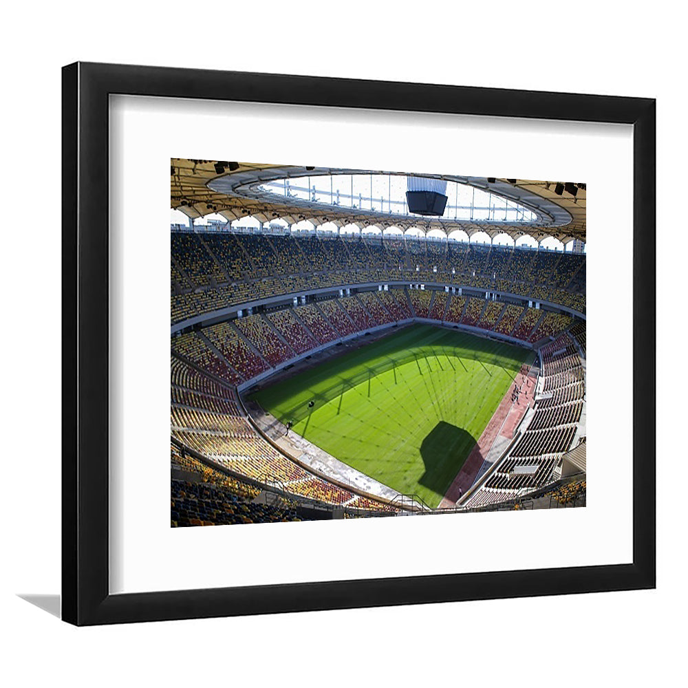 Empty Bucharest Stadium, Stadium Canvas, Sport Art, Gift for him, White Border Framed Art Print Wall Decor