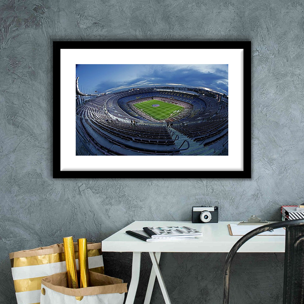 Empty Camp Nou, Stadium Canvas, Sport Art, Gift for him, White Border Framed Art Print Wall Decor