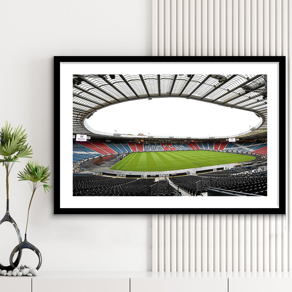 Empty Hampden Park, Stadium Canvas, Sport Art, Gift for him, White Border Framed Art Print Wall Decor