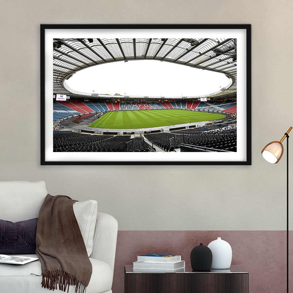 Empty Hampden Park, Stadium Canvas, Sport Art, Gift for him, White Border Framed Art Print Wall Decor