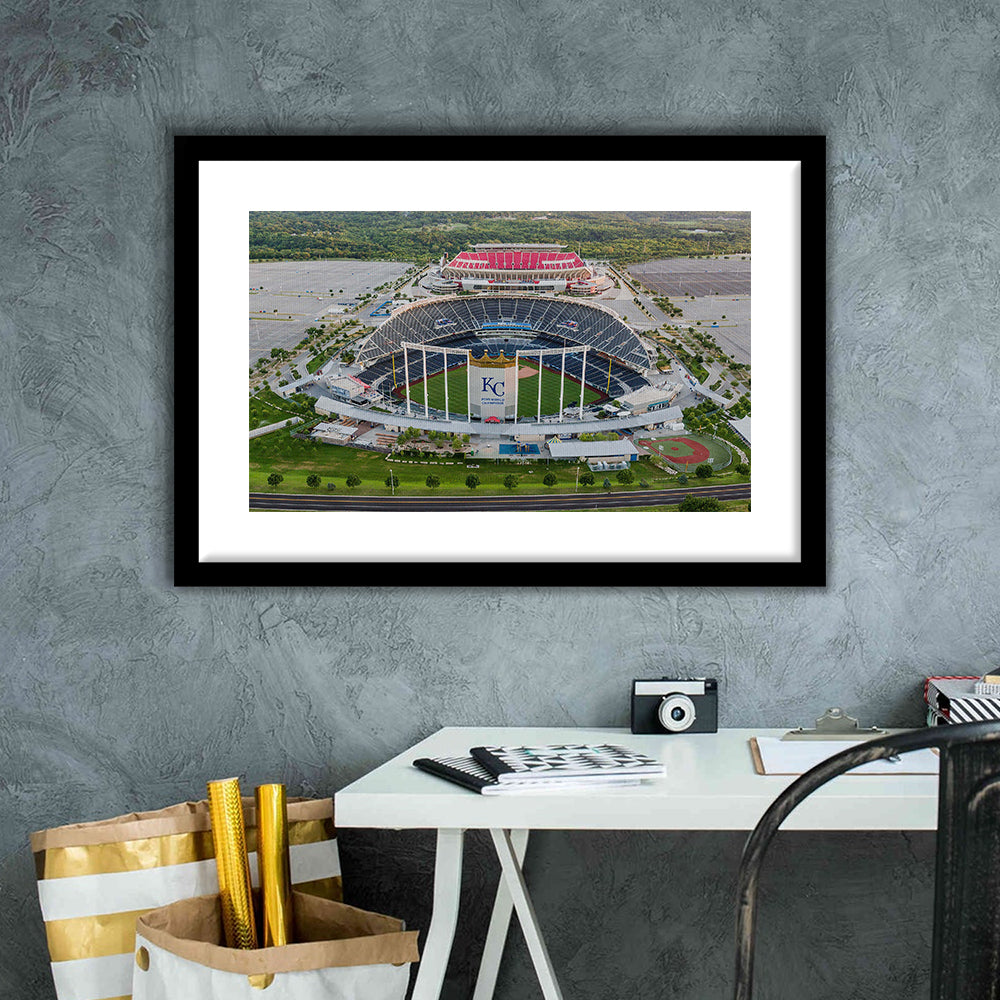 Empty Kauffman Stadium, Stadium Canvas, Sport Art, Gift for him, White Border Framed Art Print Wall Decor