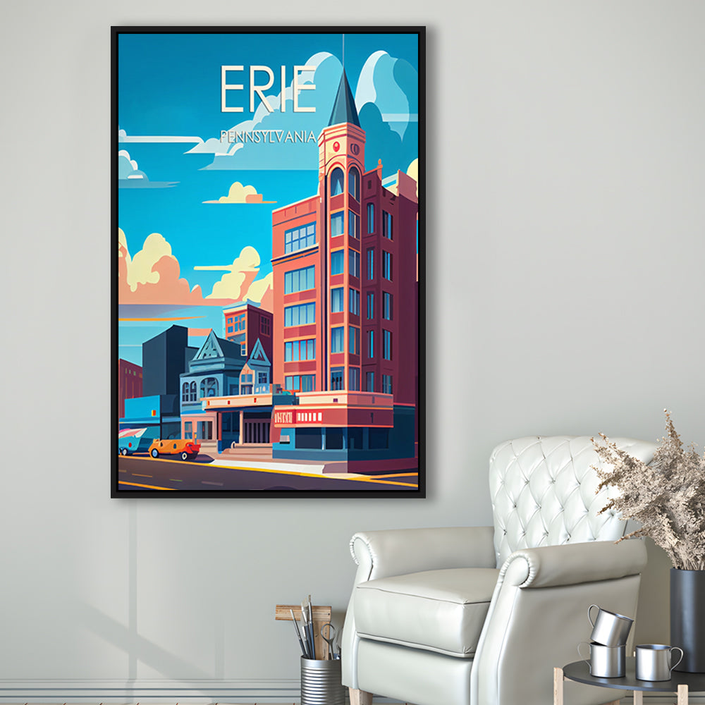 Erie Pennsylvania Retro Art Print, Erie City Wall Art, Floating Framed Canvas Print, Framed Picture, Painting Canvas