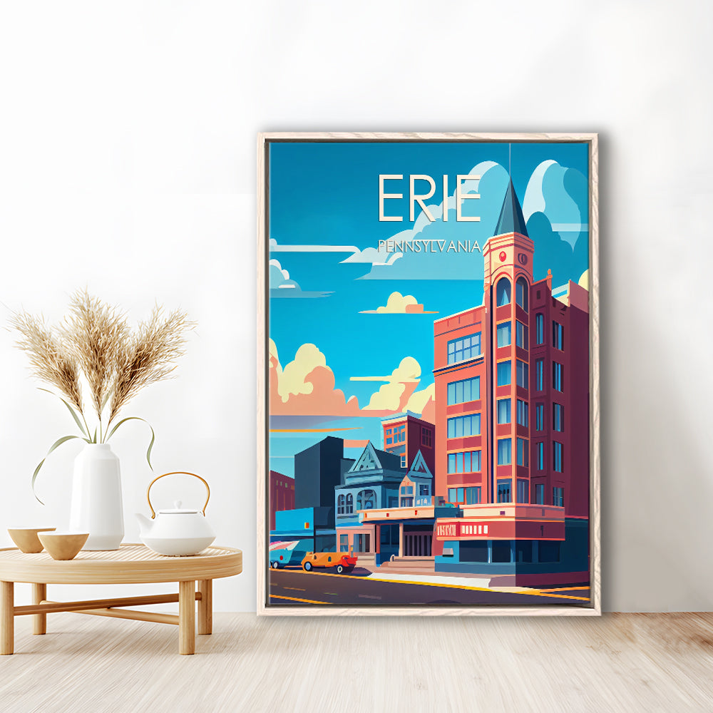 Erie Pennsylvania Retro Art Print, Erie City Wall Art, Floating Framed Canvas Print, Framed Picture, Painting Canvas