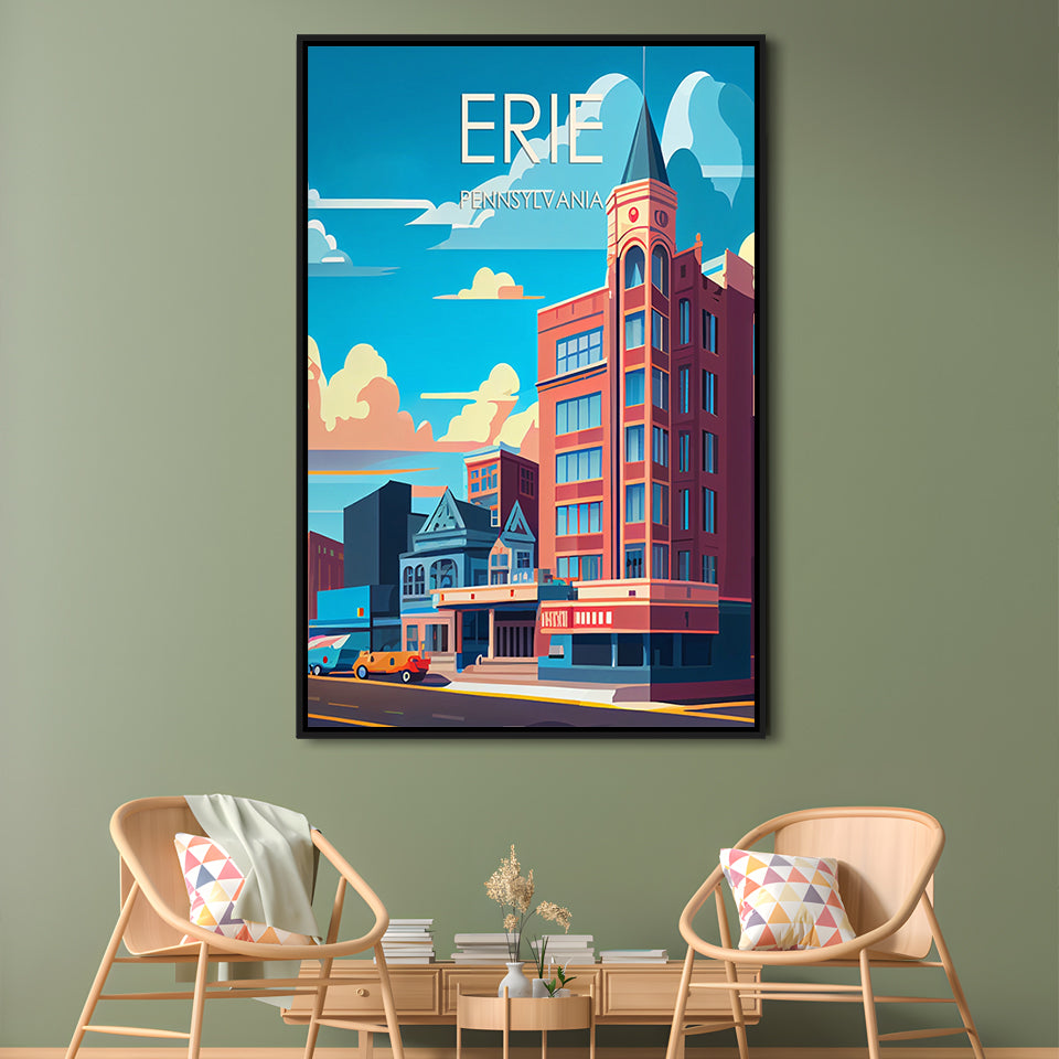 Erie Pennsylvania Retro Art Print, Erie City Wall Art, Floating Framed Canvas Print, Framed Picture, Painting Canvas