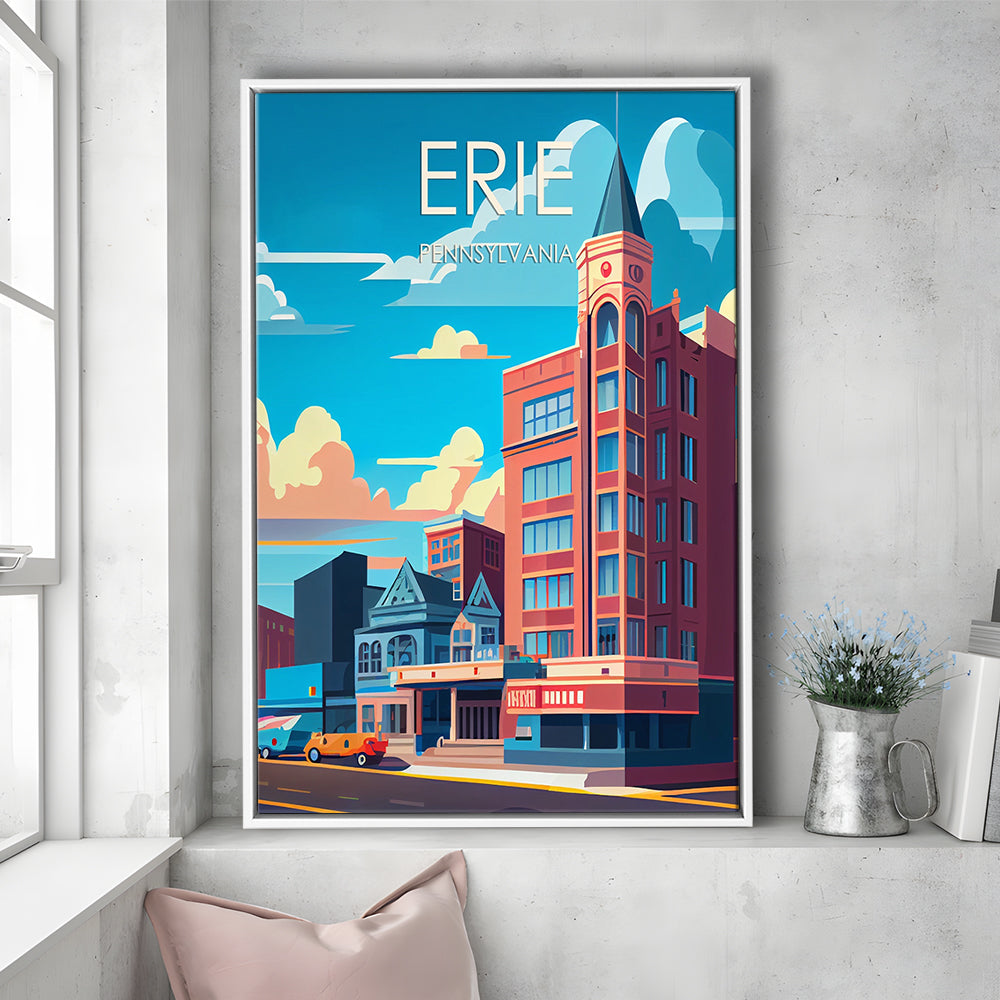 Erie Pennsylvania Retro Art Print, Erie City Wall Art, Floating Framed Canvas Print, Framed Picture, Painting Canvas
