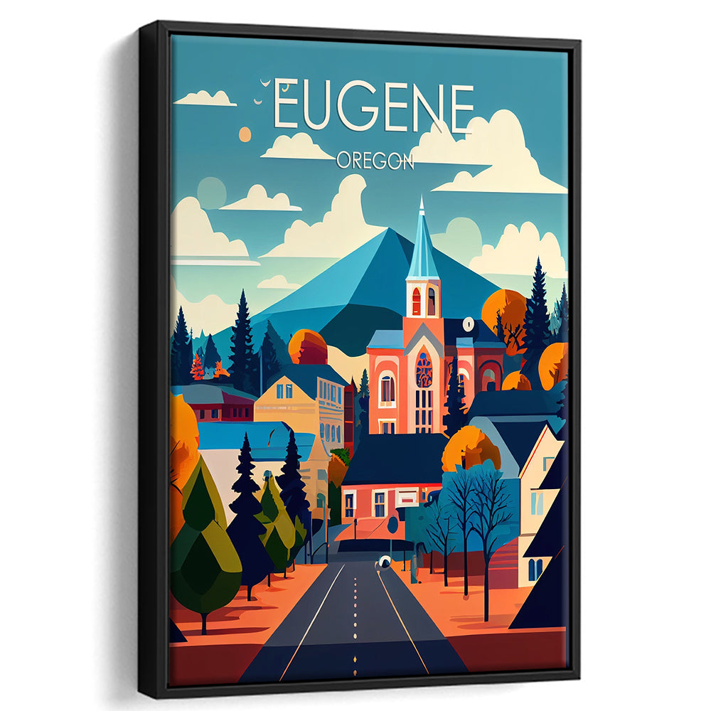 Eugene Oregon Retro Art Print, Eugene City Wall Art, Floating Framed Canvas Print, Framed Picture, Painting Canvas