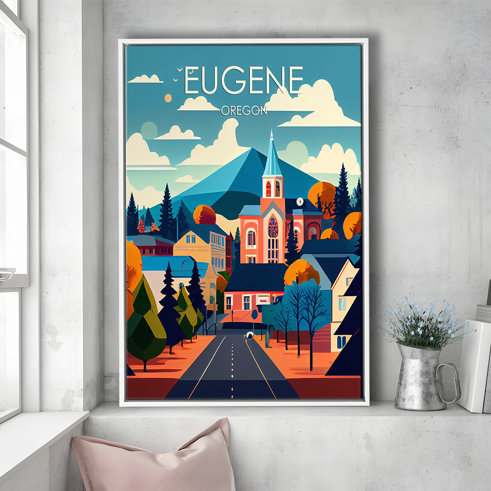 Eugene Oregon Retro Art Print, Eugene City Wall Art, Floating Framed Canvas Print, Framed Picture, Painting Canvas
