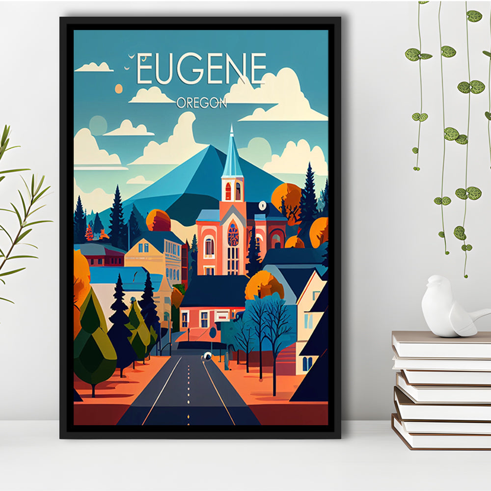 Eugene Oregon Retro Art Print, Eugene City Wall Art, Floating Framed Canvas Print, Framed Picture, Painting Canvas