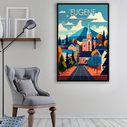 Eugene Oregon Retro Art Print, Eugene City Wall Art, Floating Framed Canvas Print, Framed Picture, Painting Canvas