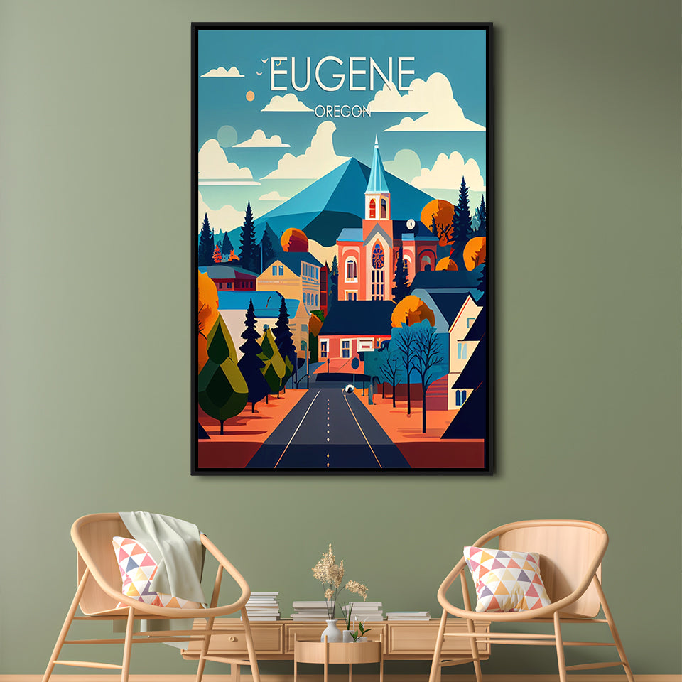 Eugene Oregon Retro Art Print, Eugene City Wall Art, Floating Framed Canvas Print, Framed Picture, Painting Canvas