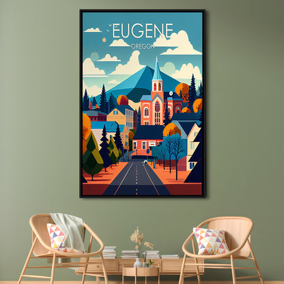 Eugene Oregon Retro Art Print, Eugene City Wall Art, Floating Framed Canvas Print, Framed Picture, Painting Canvas