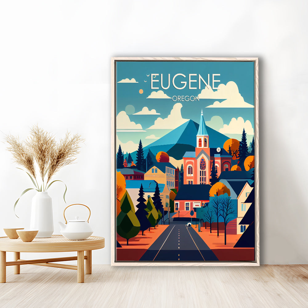 Eugene Oregon Retro Art Print, Eugene City Wall Art, Floating Framed Canvas Print, Framed Picture, Painting Canvas