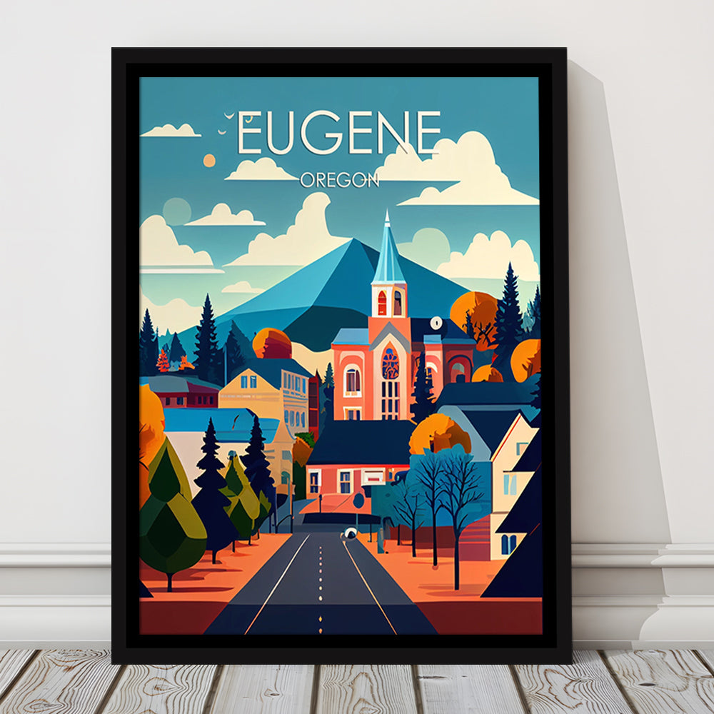 Eugene Oregon Retro Art Print, Eugene City Wall Art, Floating Framed Canvas Print, Framed Picture, Painting Canvas