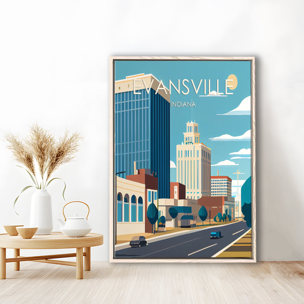 Evansville Indiana Retro Art Print, Evansville City Wall Art, Floating Framed Canvas Print, Framed Picture, Painting Canvas