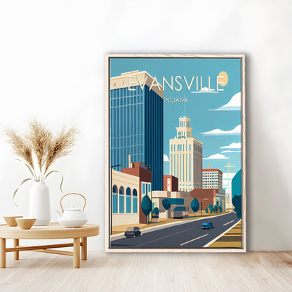 Evansville Indiana Retro Art Print, Evansville City Wall Art, Floating Framed Canvas Print, Framed Picture, Painting Canvas