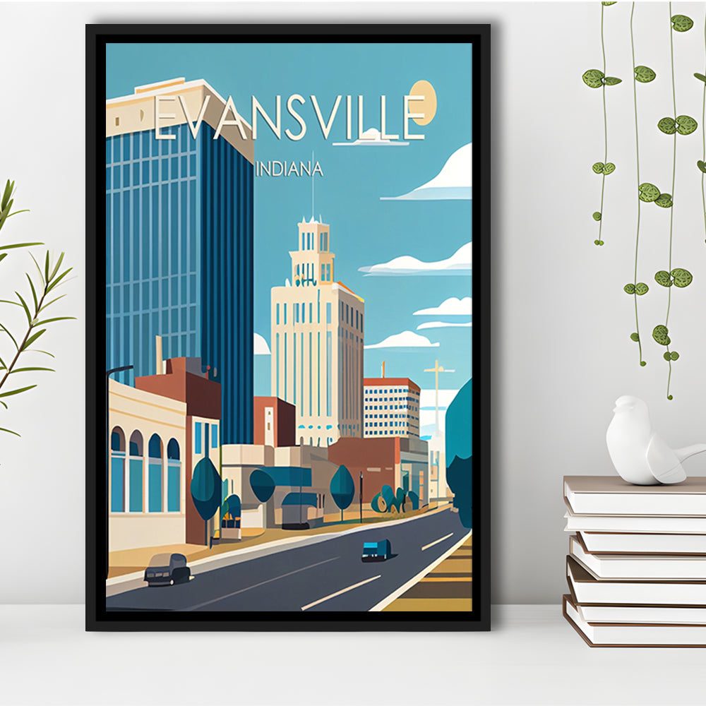 Evansville Indiana Retro Art Print, Evansville City Wall Art, Floating Framed Canvas Print, Framed Picture, Painting Canvas