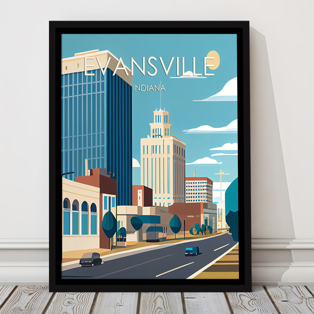 Evansville Indiana Retro Art Print, Evansville City Wall Art, Floating Framed Canvas Print, Framed Picture, Painting Canvas