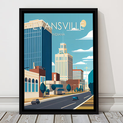 Evansville Indiana Retro Art Print, Evansville City Wall Art, Floating Framed Canvas Print, Framed Picture, Painting Canvas