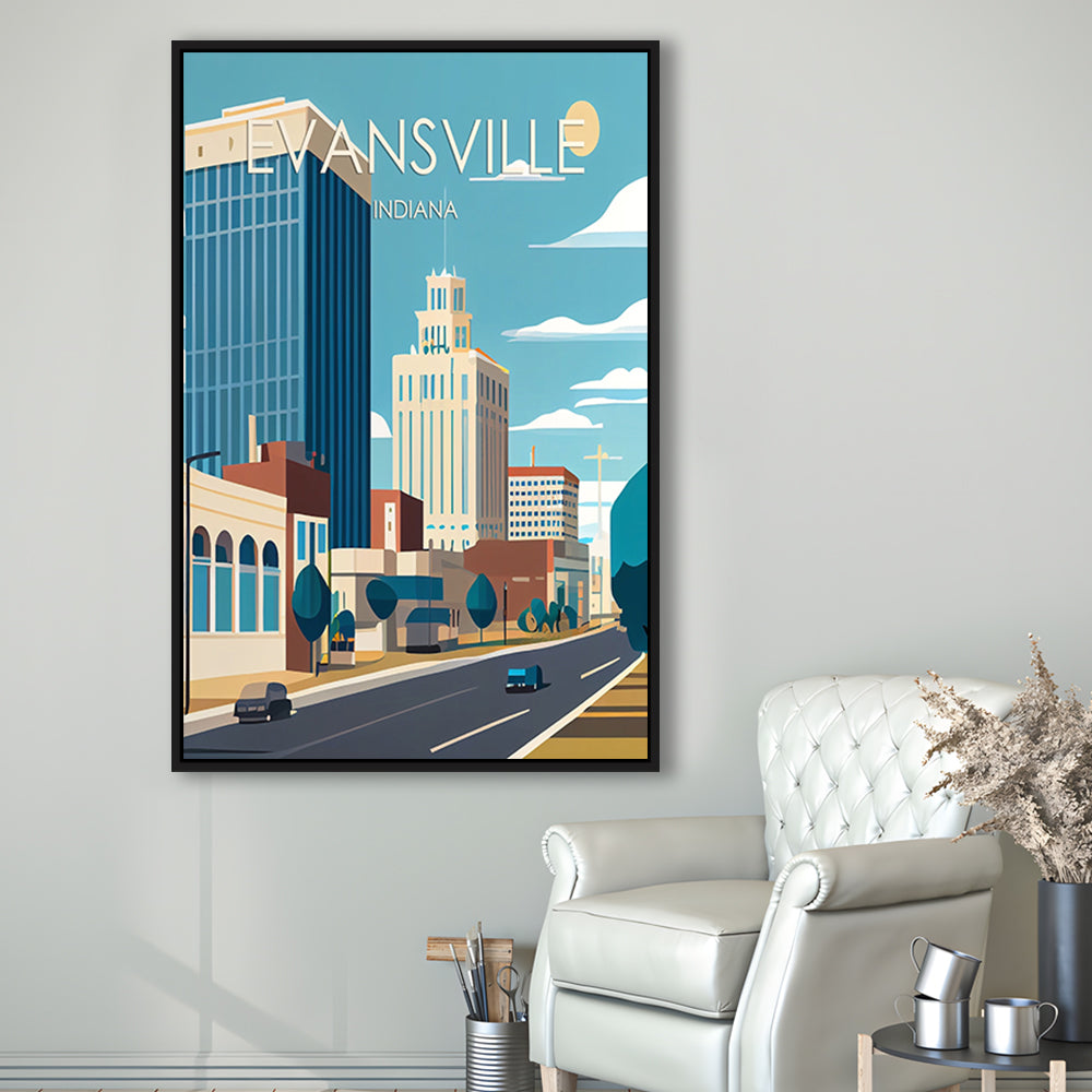 Evansville Indiana Retro Art Print, Evansville City Wall Art, Floating Framed Canvas Print, Framed Picture, Painting Canvas
