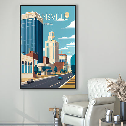 Evansville Indiana Retro Art Print, Evansville City Wall Art, Floating Framed Canvas Print, Framed Picture, Painting Canvas