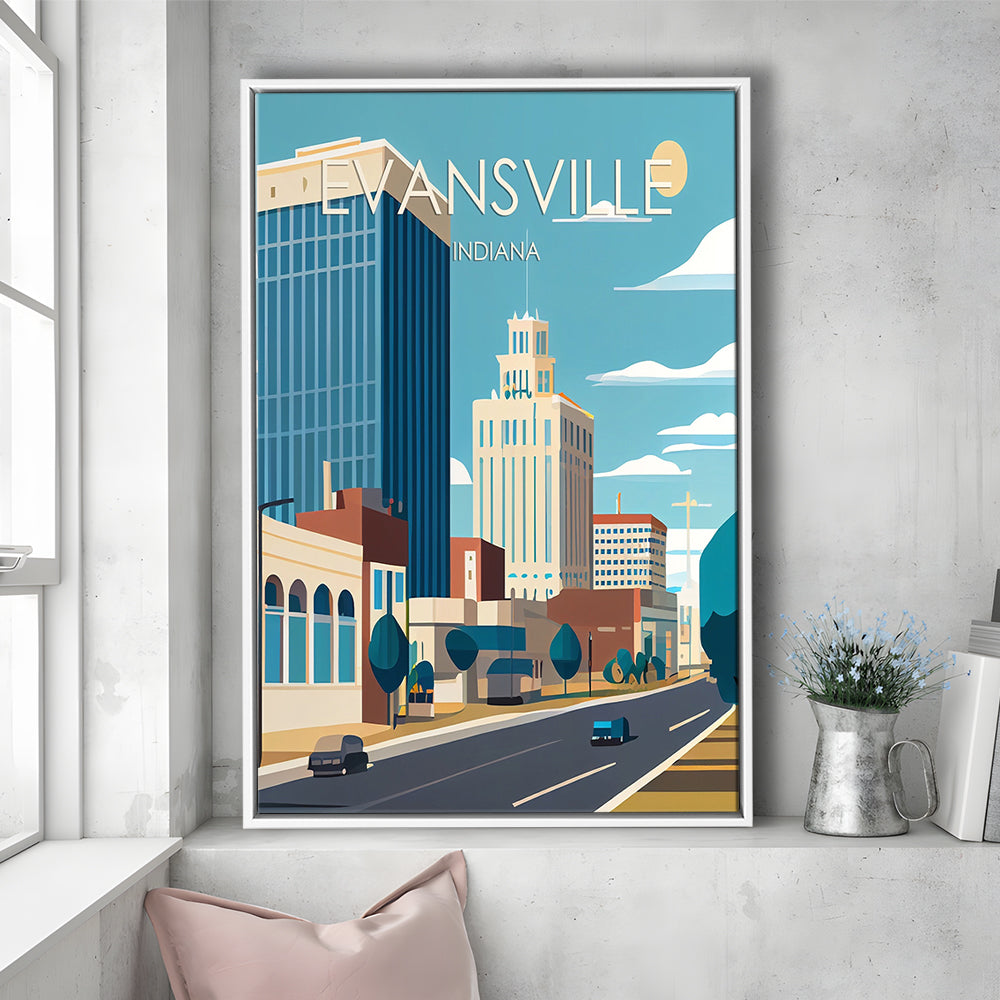 Evansville Indiana Retro Art Print, Evansville City Wall Art, Floating Framed Canvas Print, Framed Picture, Painting Canvas