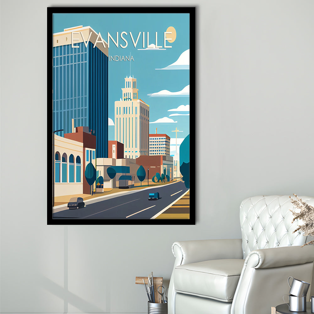 Evansville Indiana Retro Art Print, Evansville City Wall Art, Framed Art Print, Picture Framed, Painting Art