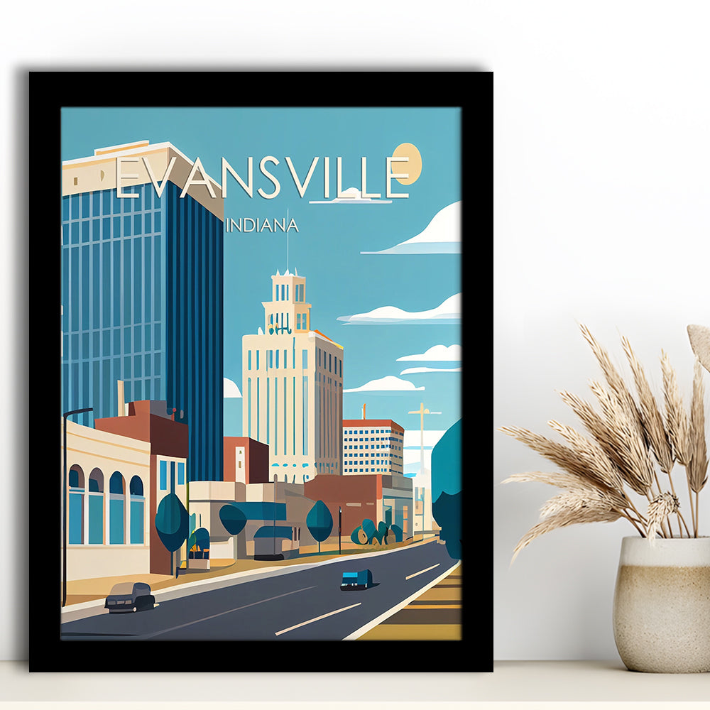Evansville Indiana Retro Art Print, Evansville City Wall Art, Framed Art Print, Picture Framed, Painting Art