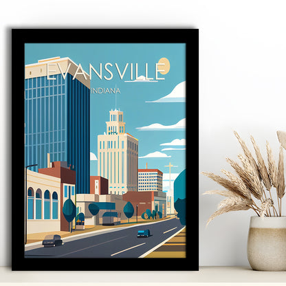 Evansville Indiana Retro Art Print, Evansville City Wall Art, Framed Art Print, Picture Framed, Painting Art
