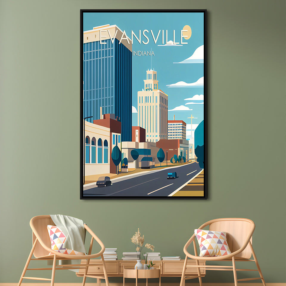 Evansville Indiana Retro Art Print, Evansville City Wall Art, Floating Framed Canvas Print, Framed Picture, Painting Canvas
