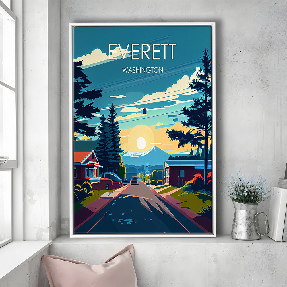Everett Washington Retro Art Print, Everett City Wall Art, Floating Framed Canvas Print, Framed Picture, Painting Canvas