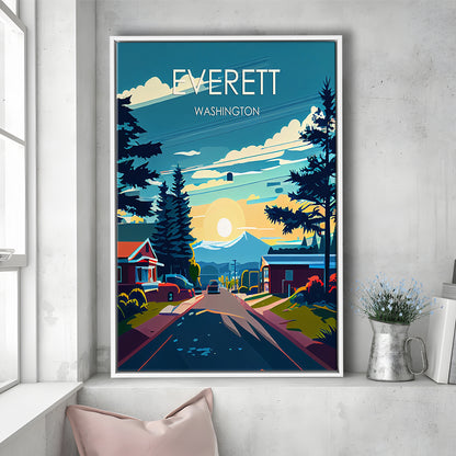 Everett Washington Retro Art Print, Everett City Wall Art, Floating Framed Canvas Print, Framed Picture, Painting Canvas