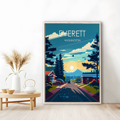 Everett Washington Retro Art Print, Everett City Wall Art, Floating Framed Canvas Print, Framed Picture, Painting Canvas