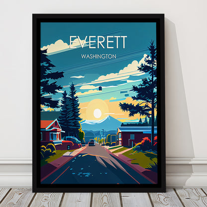 Everett Washington Retro Art Print, Everett City Wall Art, Floating Framed Canvas Print, Framed Picture, Painting Canvas