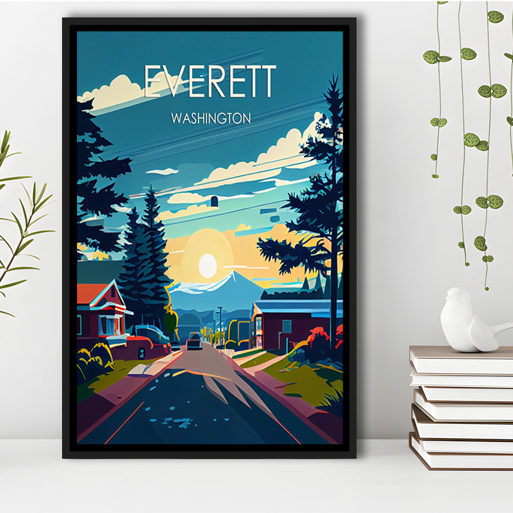 Everett Washington Retro Art Print, Everett City Wall Art, Floating Framed Canvas Print, Framed Picture, Painting Canvas