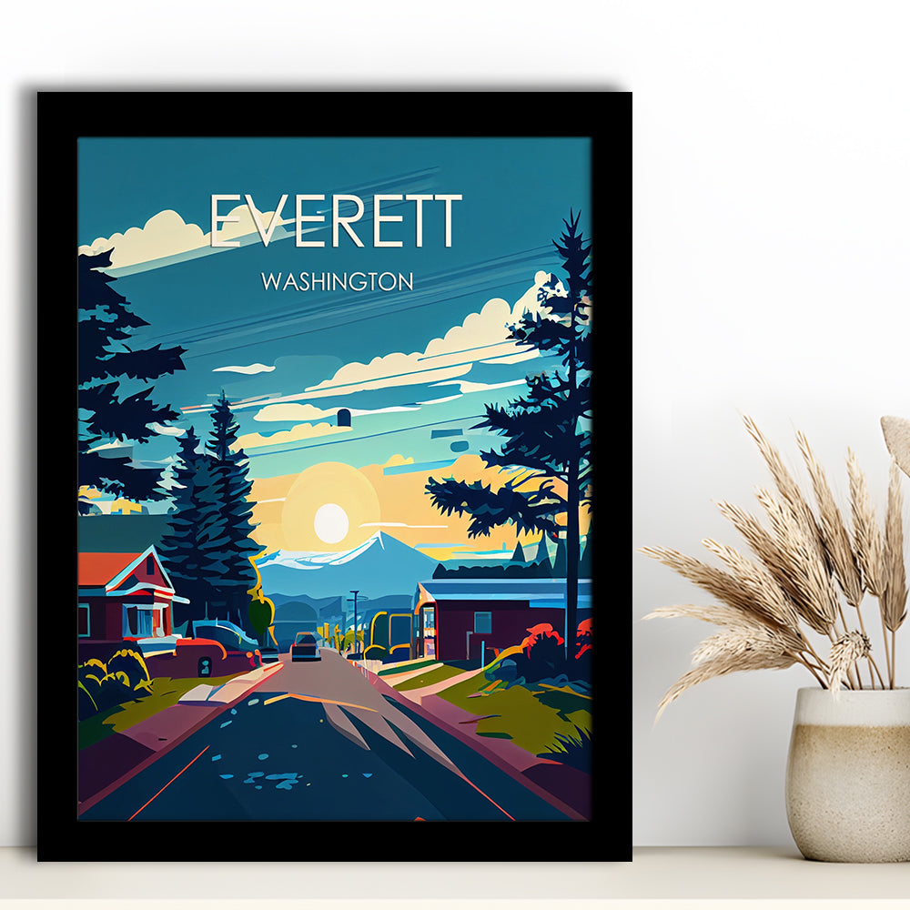 Everett Washington Retro Art Print, Everett City Wall Art, Framed Art Print, Picture Framed, Painting Art