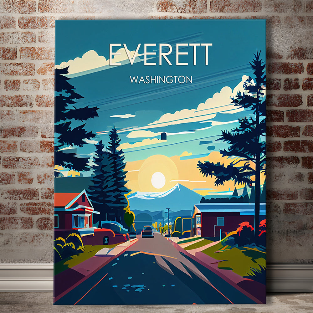 Everett Washington Retro Art Print, Everett City Wall Art, Canvas Print, Painting Canvas, Living Room Decor