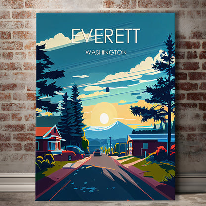 Everett Washington Retro Art Print, Everett City Wall Art, Canvas Print, Painting Canvas, Living Room Decor