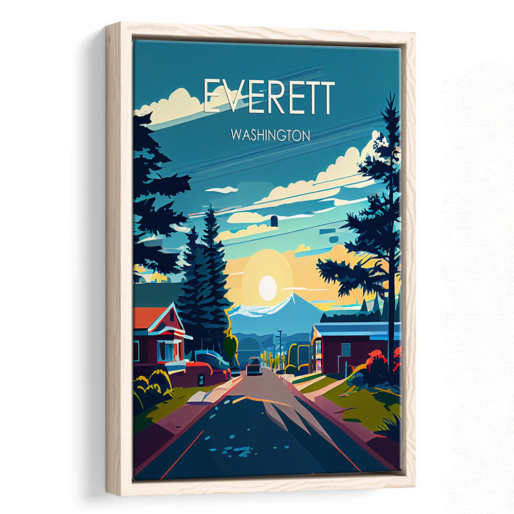 Everett Washington Retro Art Print, Everett City Wall Art, Floating Framed Canvas Print, Framed Picture, Painting Canvas