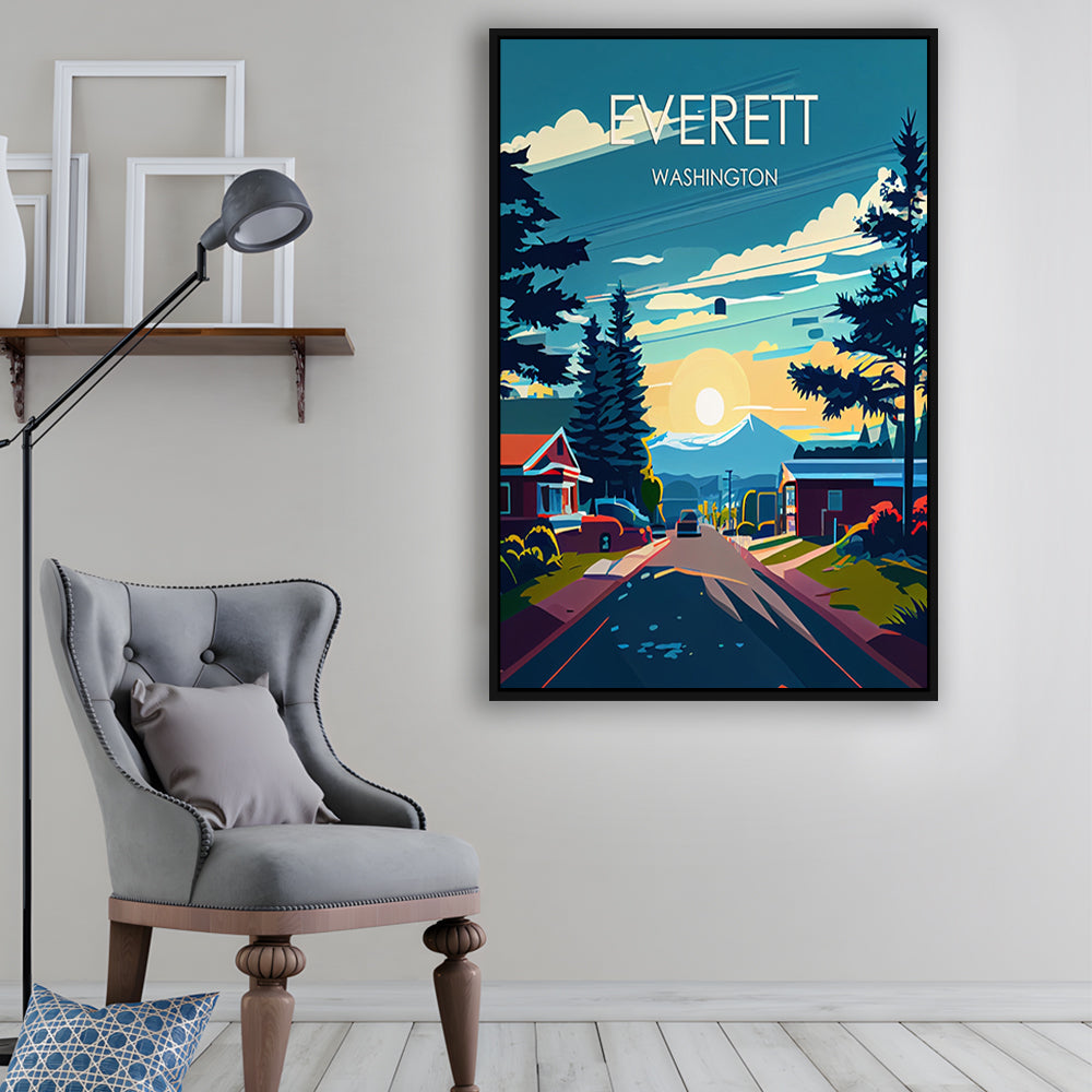 Everett Washington Retro Art Print, Everett City Wall Art, Floating Framed Canvas Print, Framed Picture, Painting Canvas